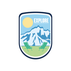 shield with explore design with mountains and sun, flat style
