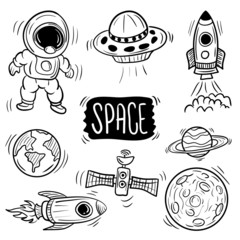 Hand drawn space and astronaut. space and Universe doodle vector illustration set. such us Rocket astronaut, spacecraft satellite etc.
