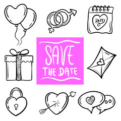 Valentine day and wedding love icons set.  Vector hand drawn set of wedding icons, bride, groom, couple, love, marriage 
