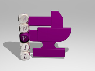 3D illustration of ANVIL graphics and text around the icon made by metallic dice letters for the related meanings of the concept and presentations for blacksmith and hammer