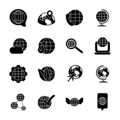 magnifying glass and world icon set, silhouette style