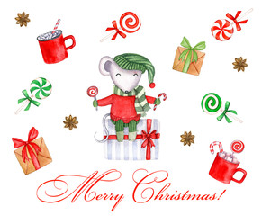 Vintage Christmas illustration with mouse character and holiday elements on a white background