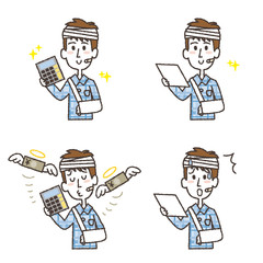 ざまざまな表情のケガで入院中の男性のイラストセット