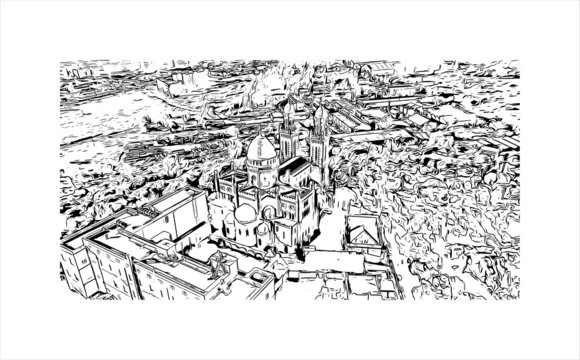 Building view with landmark of Annaba is a port city in northeast Algeria. Hand drawn sketch illustration in vector.