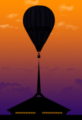 A digital drawing of the North Christian Church by architect Eero Saarinen is seen with a hot air balloon floating overhead. This is an illustration about the  city of Columbus, Indiana, USA.