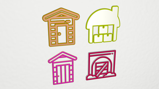 SHED 4 icons set, 3D illustration for old and building