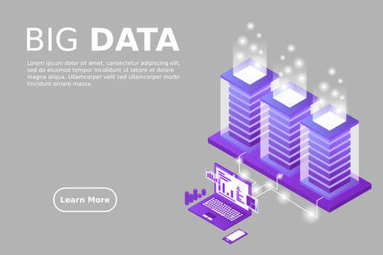 Transfer of user data to the server. Data flow. Data storage. Server. Digital space. Data center. Big Data. Conceptual illustration. Isometric vector illustration. 3D
