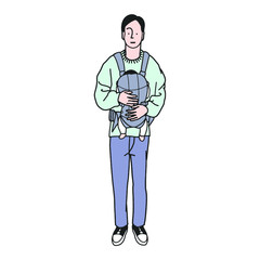 抱っこ紐をつけて赤ちゃんを抱っこする男の人のカラーイラスト