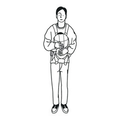 抱っこ紐をつけて赤ちゃんを抱っこする男の人のモノクロイラスト