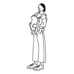 抱っこひもで赤ちゃんを抱っこする女の人のモノクロイラスト