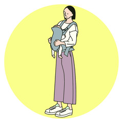 抱っこひもで赤ちゃんを抱っこする女の人のカラーイラスト
