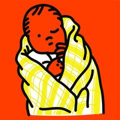 オレンジ背景-黄色いチェックのスワドルに巻かれているウインクしている赤ちゃんのイラスト