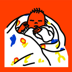 オレンジ背景-柄付きのスワドル、おくるみに巻かれて寝ている赤ちゃんのイラスト