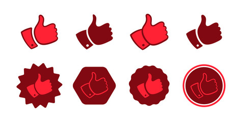 Like or thumb up icons set. Flat design, modern decorative graphic elements web banners, collection infographics. Recommended tags, red cartoon web icon kit sticker. Isolated vector illustration