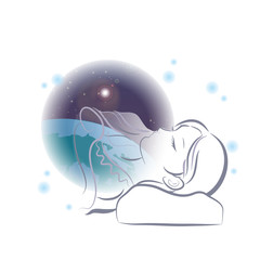心地よい睡眠をとる女性（宇宙背景）