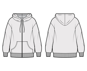 Zip-up oversized cotton-fleece hoodie technical fashion illustration with pocket, relaxed fit, long sleeves. Flat jumper apparel template front, back, grey color. Women, men, unisex sweatshirt top CAD © Vectoressa