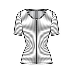 Zip-up ribbed cotton-jersey top technical fashion illustration with short sleeves, slim fit, scoop henley neckline. Flat outwear shirt apparel template front, white color. Women men unisex knit CAD