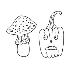 Halloween pumpkin and mushrooms. Hand-drawn in doodle style.