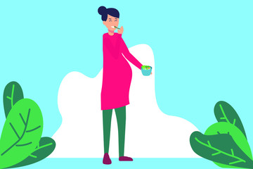 Prenatal vector concept: Happy pregnant woman eating a bowl of salad