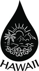 Hawaiian Palm Tree Tropical Floral Pattern On Black Water Droplet. Hawaii Patterns with Plumeria, Beach, Sun, mountains