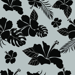 Hibiscus Flower Hawaiian Floral Pattern On Grey Background. Tropical Flower Seamless repeat patterns