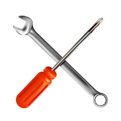 Crosshairs of realistic hand wrench and red professional screwdriver isolated on white background. 3d photo-realistic chrome metal tool