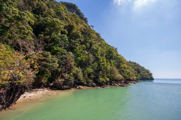 Obraz premium Jungle and beach of the Kilim Geoforest Park in Langkawi, Malaysia.