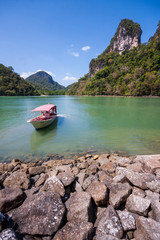 A view of the Kilim Geoforest Park in Langkawi, Malaysia. A small tourist boats for excursions on the river.