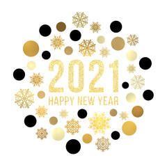 Happy New Year 2021 circle snowflake concept on white background. Gold Christmas greeting card design with golden baubles glitter celebrating text. Winter holiday geometric banner vector illustration.
