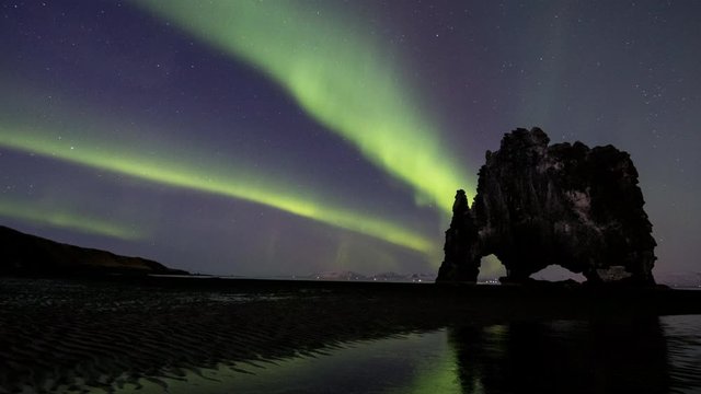 Northen Lights Over Hvitserkur In Iceland