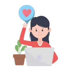 woman sitting at laptop and using website social network communication and technologies