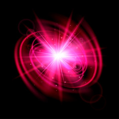 Flash, blast wave with red light effect. Explosion isolated on black background. Magic glow sparkling star
