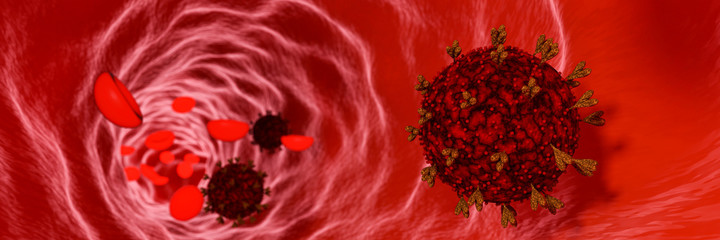 Model of coronavirus or COVID-19 in blood vessels and blood cells. The outbreak of the virus in the bloodstream in the human body. 3D rendering