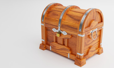 New antique treasure chest, made of teak, reinforced with metal plates and pins, locked with a golden padlock. White floor and background.3D Rendering