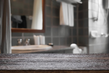 Empty wooden desk space hotel bathroom or toilet  background for product display montage.