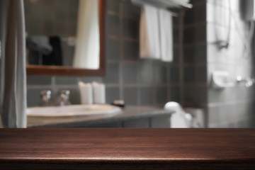 Empty wooden desk space hotel bathroom or toilet  background for product display montage.
