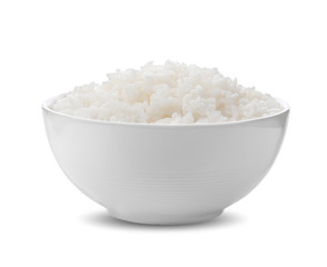 rice in white bowl on white background