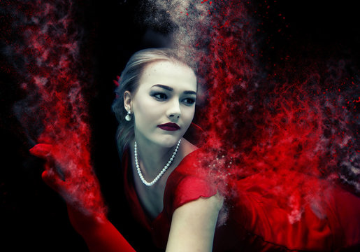 dissolving woman in red with pearls