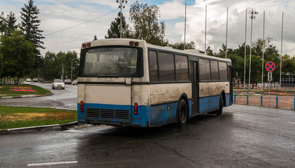 City bus in one of the streets. Old bus. Public transport. Ust-Kamenogorsk (Kazakhstan)