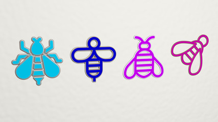 BEE 4 icons set, 3D illustration for background and honey