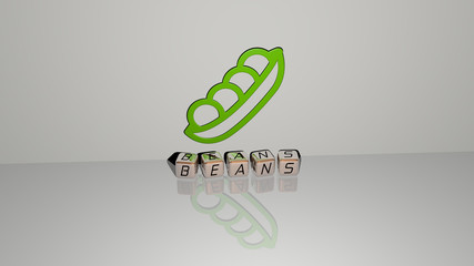 beans text of cubic dice letters on the floor and 3D icon on the wall, 3D illustration for coffee and background