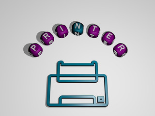 printer icon surrounded by the text of individual letters, 3D illustration for business and design