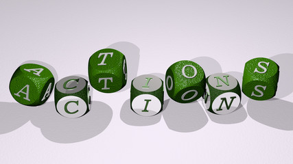ACTIONS text by dancing dice letters, 3D illustration for set and cartoon