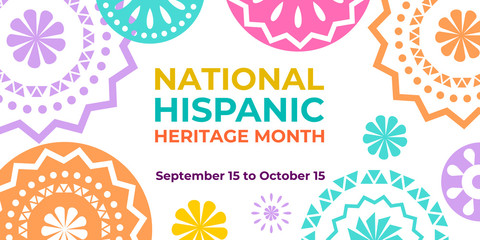 Hispanic heritage month. Vector web banner, poster, card for social media and networks. Greeting with national Hispanic heritage month text, Papel Picado hispanic abstract pattern on white background.
