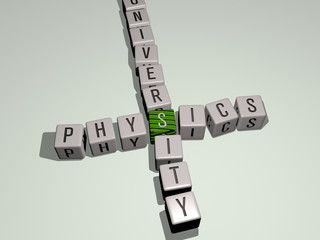 physics university crossword by cubic dice letters, 3D illustration for science and background