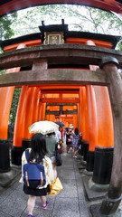inside the Fushimi Inari Taisha Shinto shrine which is famous for its thousands of vermilion torii gates along the trails to the sacred Mount Inari,
