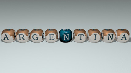 argentina text by cubic dice letters, 3D illustration for america and background - obrazy, fototapety, plakaty
