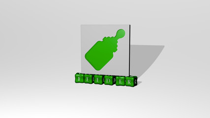 3D graphical image of feeder vertically along with text built by metallic cubic letters from the top perspective, excellent for the concept presentation and slideshows for bird and animal