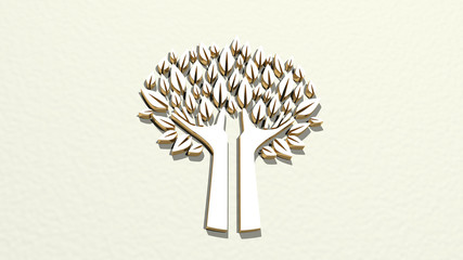 HANDS AND LEAVES 3D drawing icon, 3D illustration for background and concept