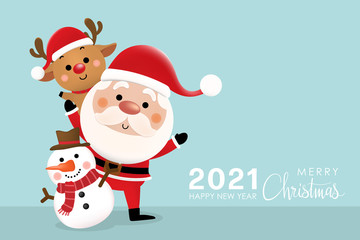 Fototapeta na wymiar Merry Christmas and happy new year 2021 greeting card with cute Santa Claus, deer and snowman. Holiday cartoon character in winter season. -Vector.